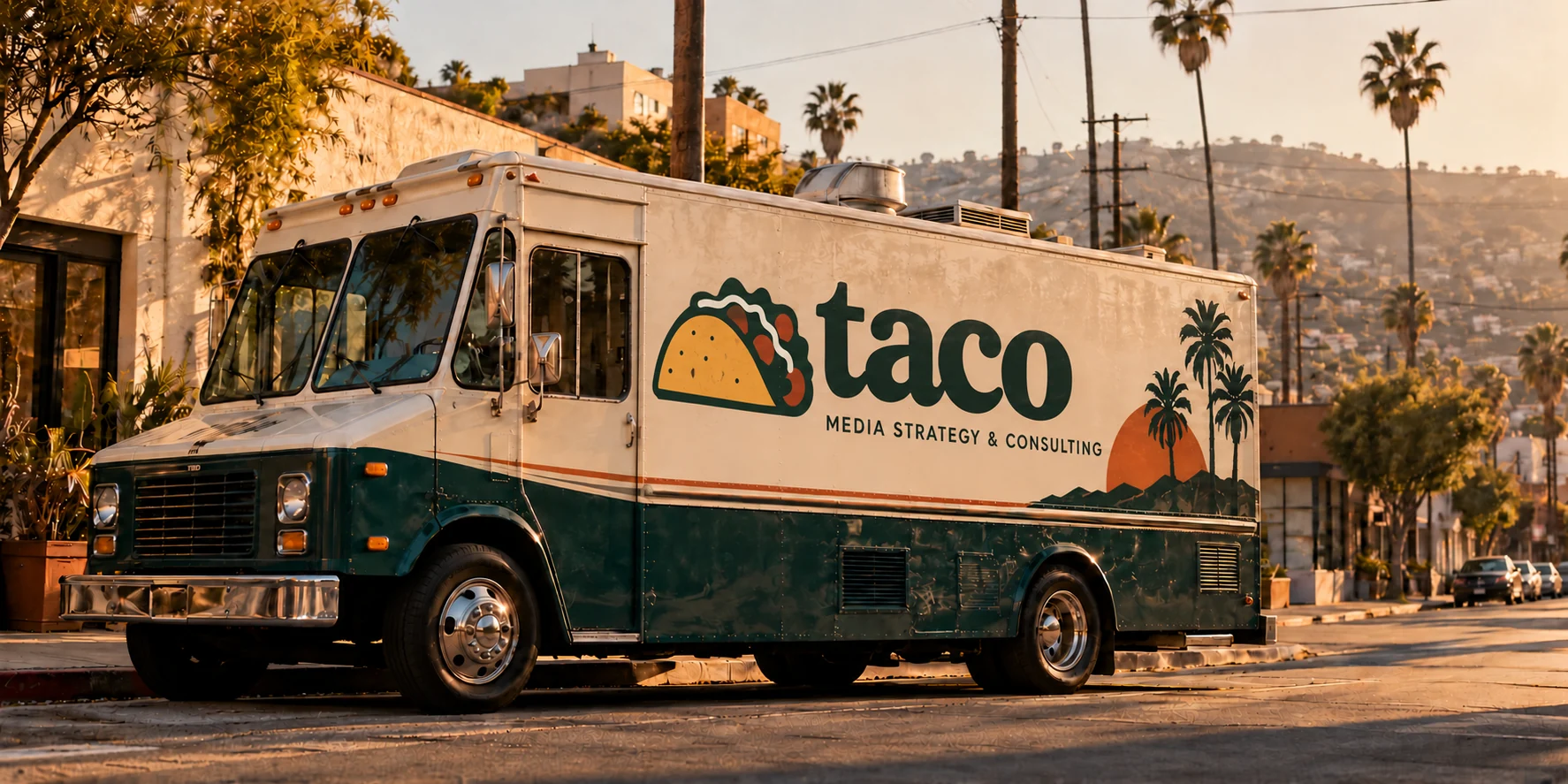 A cream and deep-green Taco truck with a taco emblem and Media Strategy & Consulting lettering, parked on a palm-lined Los Angeles street in golden afternoon light.